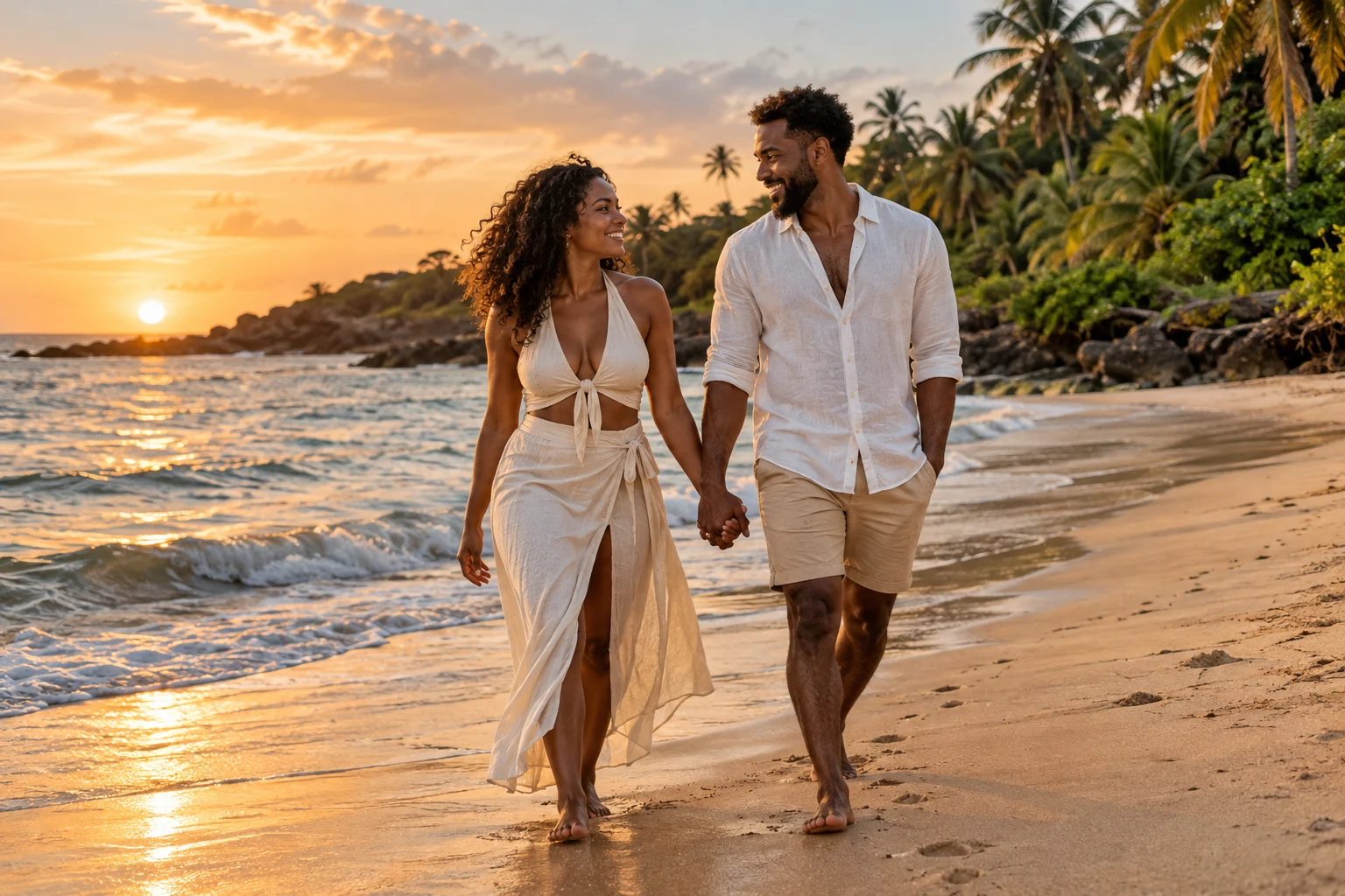 Scène illustrative d’un couple adulte se promenant sur une plage tropicale